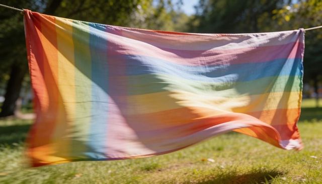 Sunlit rainbow flag fluttering on clothesline over park grass, soft pastel stripes