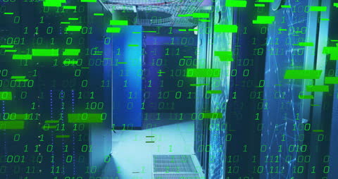 Binary Code Overlay on Server Room Corridor, Tech Background