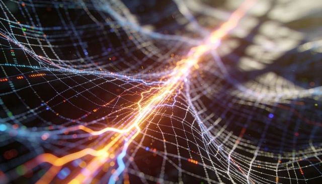 Streaming neon energy through wavy mesh grid visualizing data flow, network connectivity