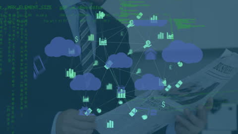 Businessman Engaging with Digital Data Network Through Newspaper