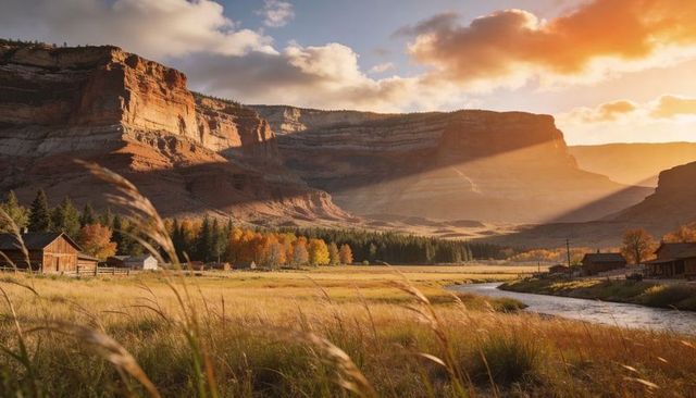 Sunlit red sandstone cliffs and river valley with rustic barns and autumn meadow