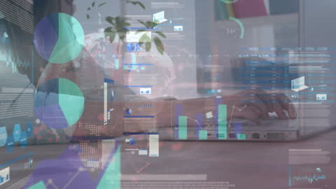 Businesswoman Analyzing Financial Data on Laptop with Virtual Interface