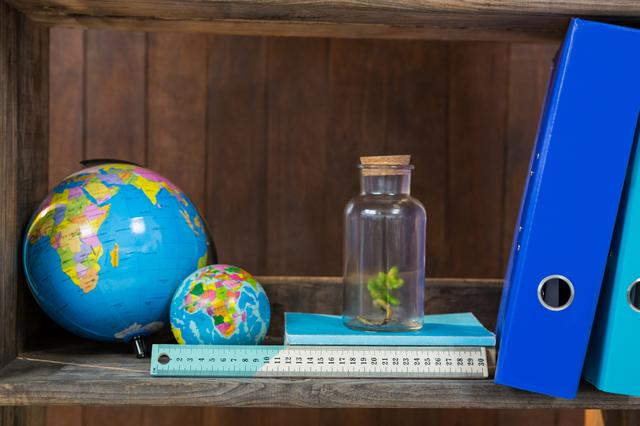 Organized Shelf with Globe, Files, and Plant in Jar - Download Free Stock Photos Pikwizard.com