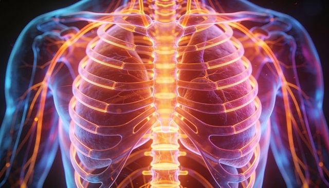Neon 3d rendering showing thoracic cavity, ribcage, lungs, bronchi and vasculature