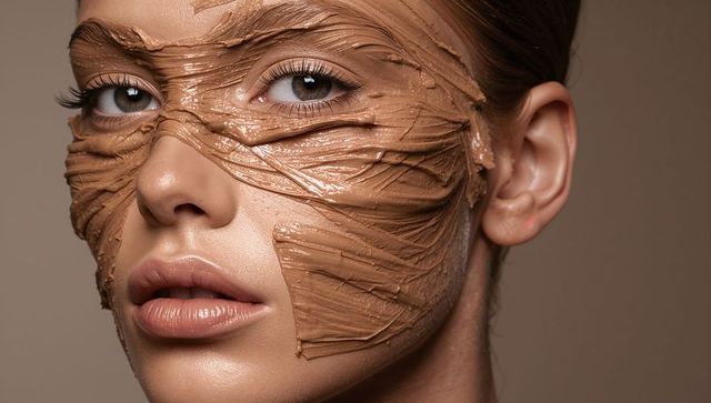 Closeup Model Wearing Thick Brown Clay Facial Mask Highlighting Smooth Skin, Glossy Lips, Long Lashe