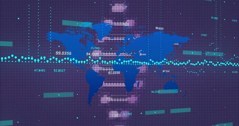 Futuristic global data visualization on digital grid background