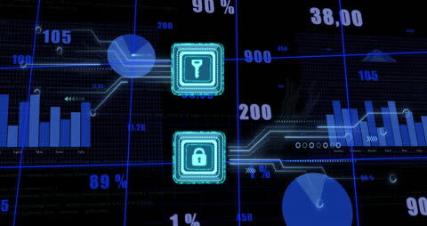 Futuristic Cybersecurity Interface with Data Analysis Graphics