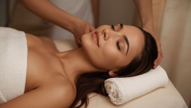 Woman enjoying head and neck massage in tranquil spa