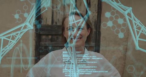 Mature woman smiling at rustic doorway while cyan holographic molecular and code overlay
