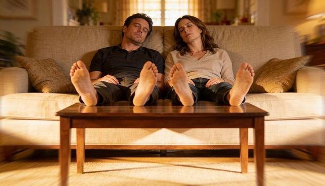 Couple relaxing barefoot on beige sofa in warmly lit living room, cozy evening mood