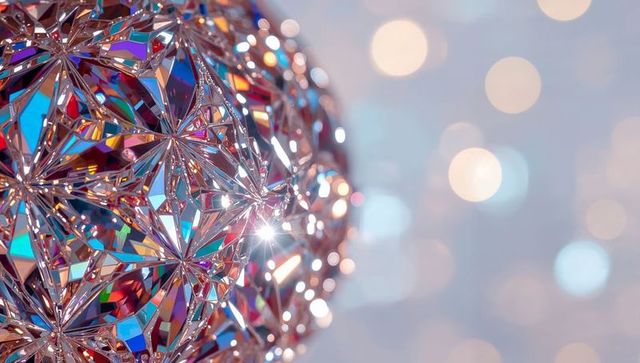 Iridescent faceted crystal globe ornament refracting prism light and sparkling bokeh