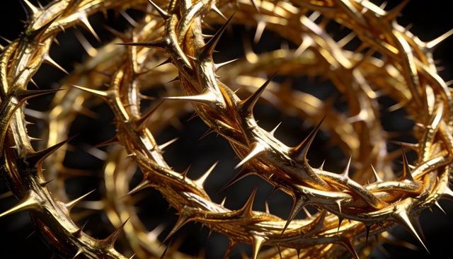 Polished golden crown of thorns twisting with shiny spikes reflecting dramatic light