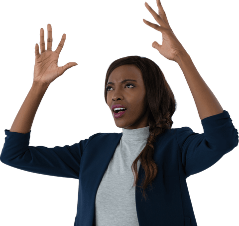Frustrated Businesswoman Raising Hands in Transparent Background