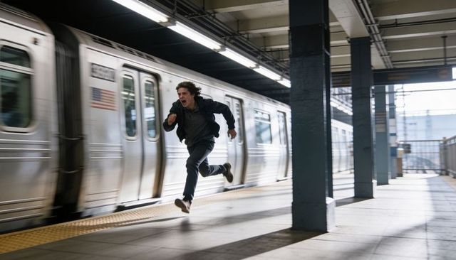Commuter running beside moving subway train on platform with yellow safety strip, rush hour motion