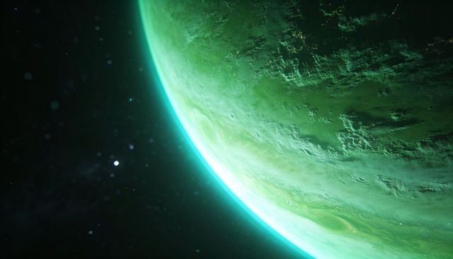 Rotating emerald exoplanet with glowing atmospheric limb, banded storms and turquoise haze