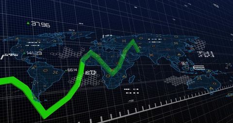 Global financial dashboard displaying rising green line graph across transparent world map