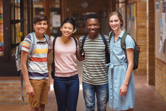 Group of diverse students standing together in a school corridor, smiling and with arms around each other. Ideal for use in educational materials, school brochures, and websites promoting diversity and friendship among teenagers.