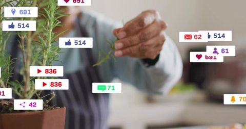 Senior woman tending potted herb in kitchen with social media engagement badges overlay