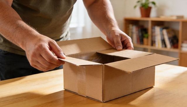 Man opening cardboard box on wooden table in sunlit home interior, unpacking delivery