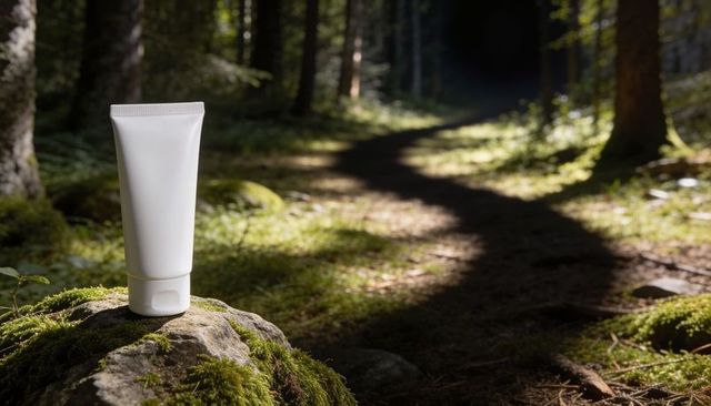 Minimalist white cosmetic tube on mossy rock, sunlit forest path for natural skincare branding