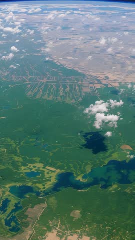 Vertical orbital footage of farmland and cloud shadows drifting across Earth's surface