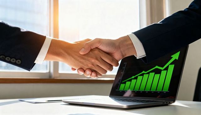 Business partners shaking hands over laptop displaying rising green profit graph