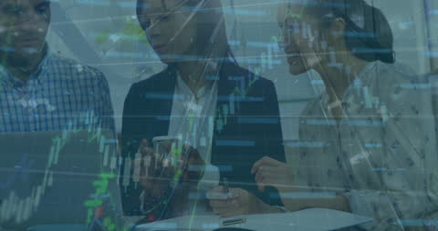 Team Collaborating on Financial Data Overlay in Modern Office