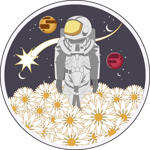 Astronaut amid daisies in fantasy cosmic scene with planets on transparent background