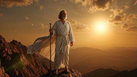 Moses in white robe at mountain sunrise