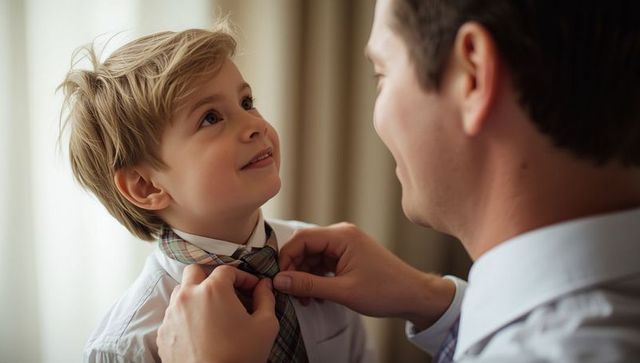Father adjusting son’s tie for special day, elegant family moment