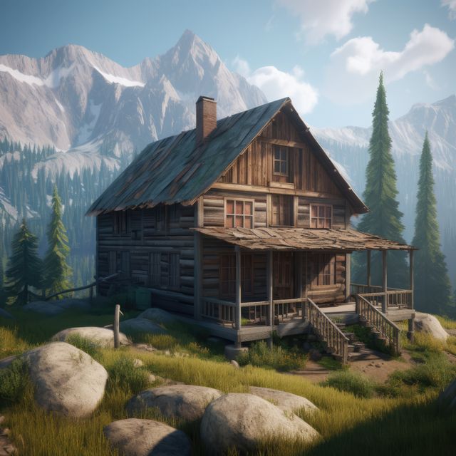 Rustic wooden cabin surrounded by pine trees and situated in a mountainous landscape. Image features a scenic view with a cozy wooden house, making it ideal for themes related to nature, outdoor adventures, hiking, vacation retreats, tranquility, vintage architecture, and wilderness exploration. Perfect for advertisements, travel guides, environmental campaigns, and relaxation-themed projects.