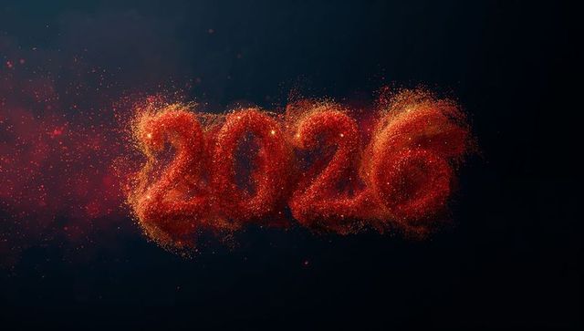 Glowing 2026 numerals forming ember particle cloud with cinematic sparks and dust motion
