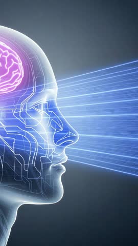 Futuristic Human Head Emitting Blue Data Beams From Eyes, Neural Circuit Projection