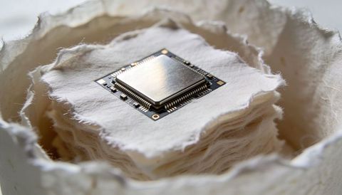 Microchip resting on layered cotton pads highlighting semiconductor board detail