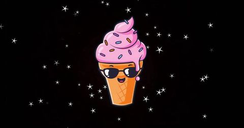 Winking Ice Cream Cone Wearing Sunglasses Floating in Starry Sky with Pink Swirl Sprinkles