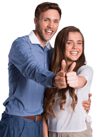 Smiling couple showing thumbs up on transparent background