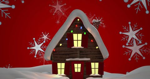 Snowy Cabin with Christmas Lights and Snowflakes - Download Free Stock Images Pikwizard.com