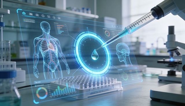 Holographic lab interface with pipette droplet over microplate for digital diagnostics