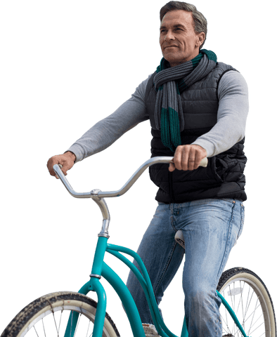 Caucasian man riding bike on transparent background