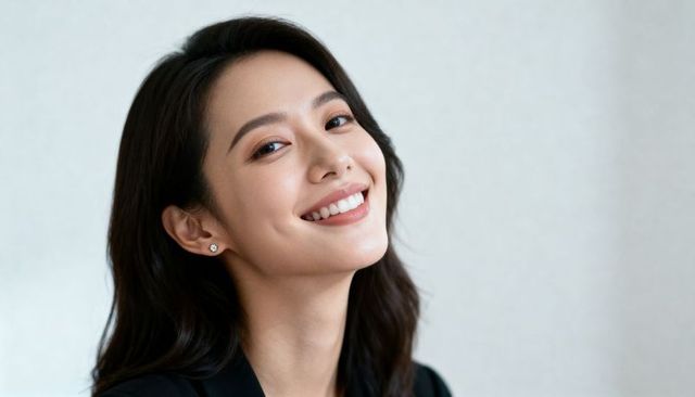 Confident smiling asian professional in black blazer showing stud earrings portrait