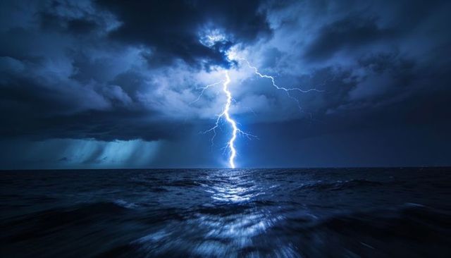 Lightning bolt striking ocean under stormy night sky illuminating choppy waves and clouds