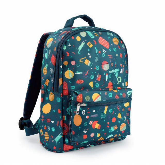 Close up of patterned school bag on white background, created using generative ai technology. School, education and learning concept digitally generated image.