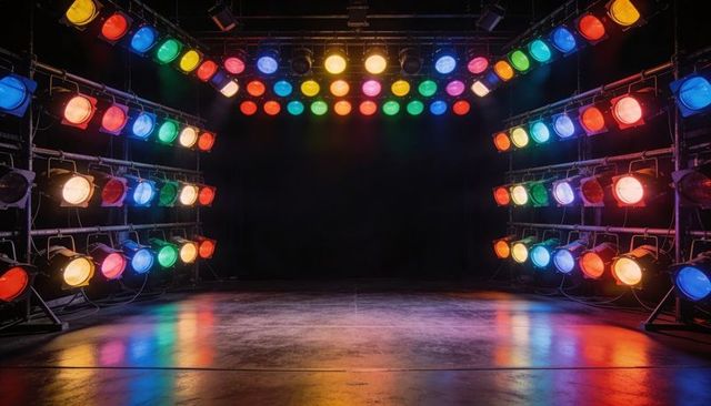 Curved stage lights casting rainbow reflections on polished studio floor