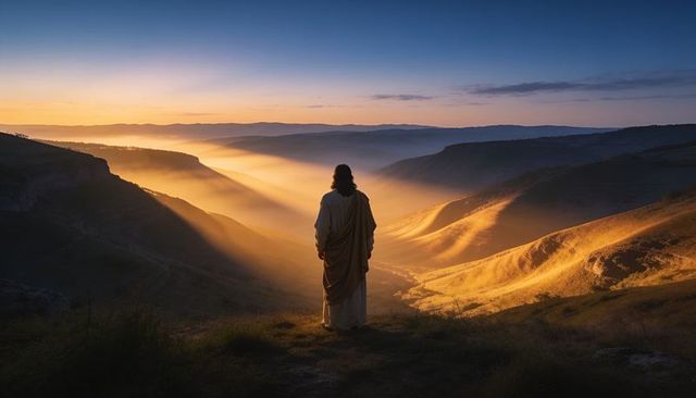 Solitary robed figure standing on ridge watching golden mist filling valley at sunrise