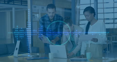 Diverse Team Analyzing Data With Soundwave Graphics