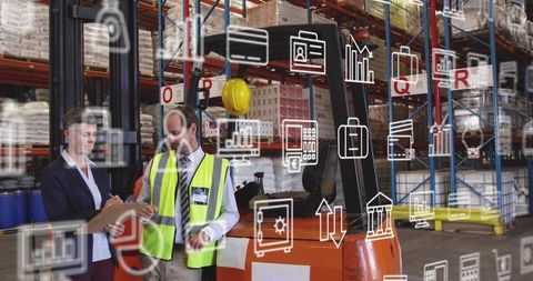 Two Warehouse Employees Reviewing Inventory with Digital Overlay
