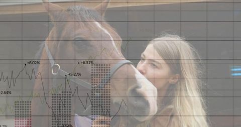 Woman showing affection to horse with economic chart overlay
