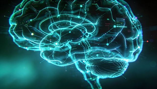 Holographic 3D Brain Rotating with Glowing Neural Nodes and Futuristic Data Visualization
