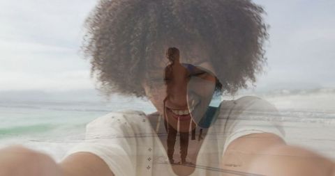 Joyful Woman Selfie with Surfing Couple Overlay at Beach Scene