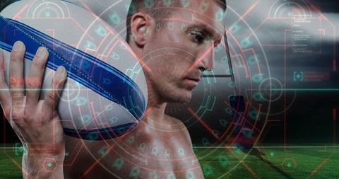 Rugby Player with Tech Overlay at Stadium